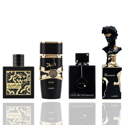 Asad + Qaed Al Fursan + Club de Nuit Intense + His Confession --- Gold Edition 4-piece Special bundle for men