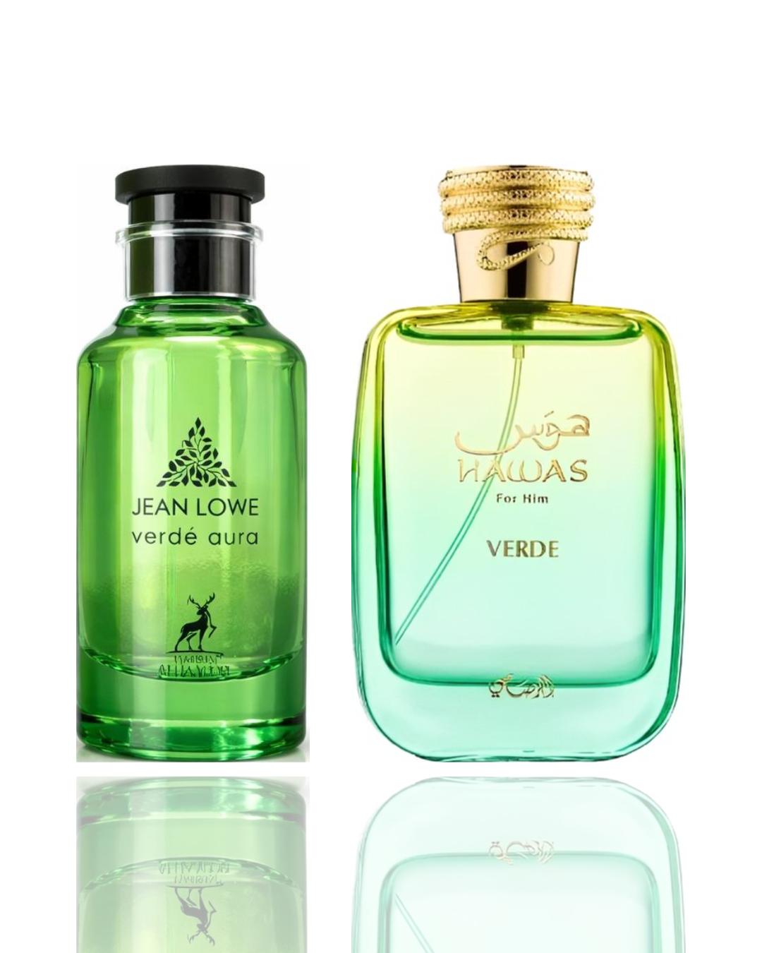 Lattafa Hawas Verde and Jean Lowe Verde Aura, 2-Piece Unisex Fragrance Bundle - Clean, Herbal Fresh Scent with Outdoor, Daily Wear, Sporty Vibe