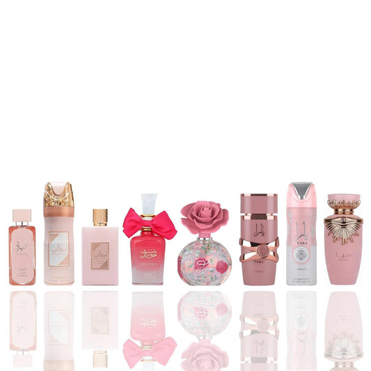 hayaati florence + ameerat al arab prive rose deodorant + ameerat al arab prive rose + bint hooran rose passion + layaan + yara elixir + yara deodorant + haya -- 8 PIECE BUNDLE