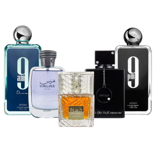Lattafa Perfumes Fragrance Gift Bundle - Afnan 9PM, 9AM DIVE, HAWAS, CLUB DE NUIT BLACK, KHAMRAH Scents, 3.4oz (100ML)