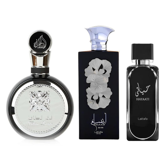 Lattafa Fakhar silver + Lattafa Ansaam Silver + Lattafa Hayaati  (3pc Bundel)_(100ml each)