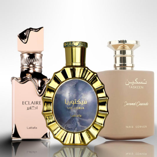 Lattafa Victoria + Taskeen Caramel Cascade + Eclair - Fragrance Gift Bundle