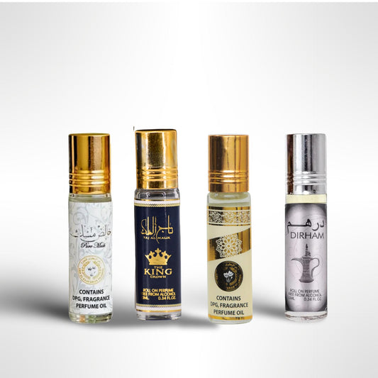 Dirham Roll-On 10ml + Oud Mood Roll-On 10ml + Taj Al Malik Roll-On 10ml + Pure Musk Roll-On 10ml – Fragrance Gift Bundle