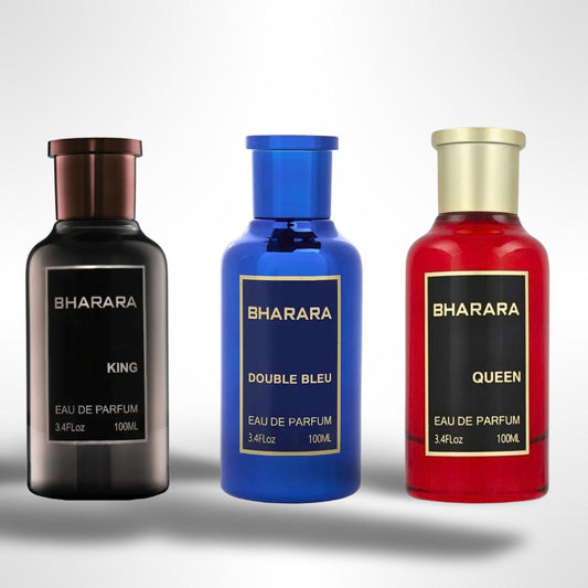 Bharara Fragrance Trio – King + Double Bleu + Queen – 3 x 100ml Eau de Parfum Sprays