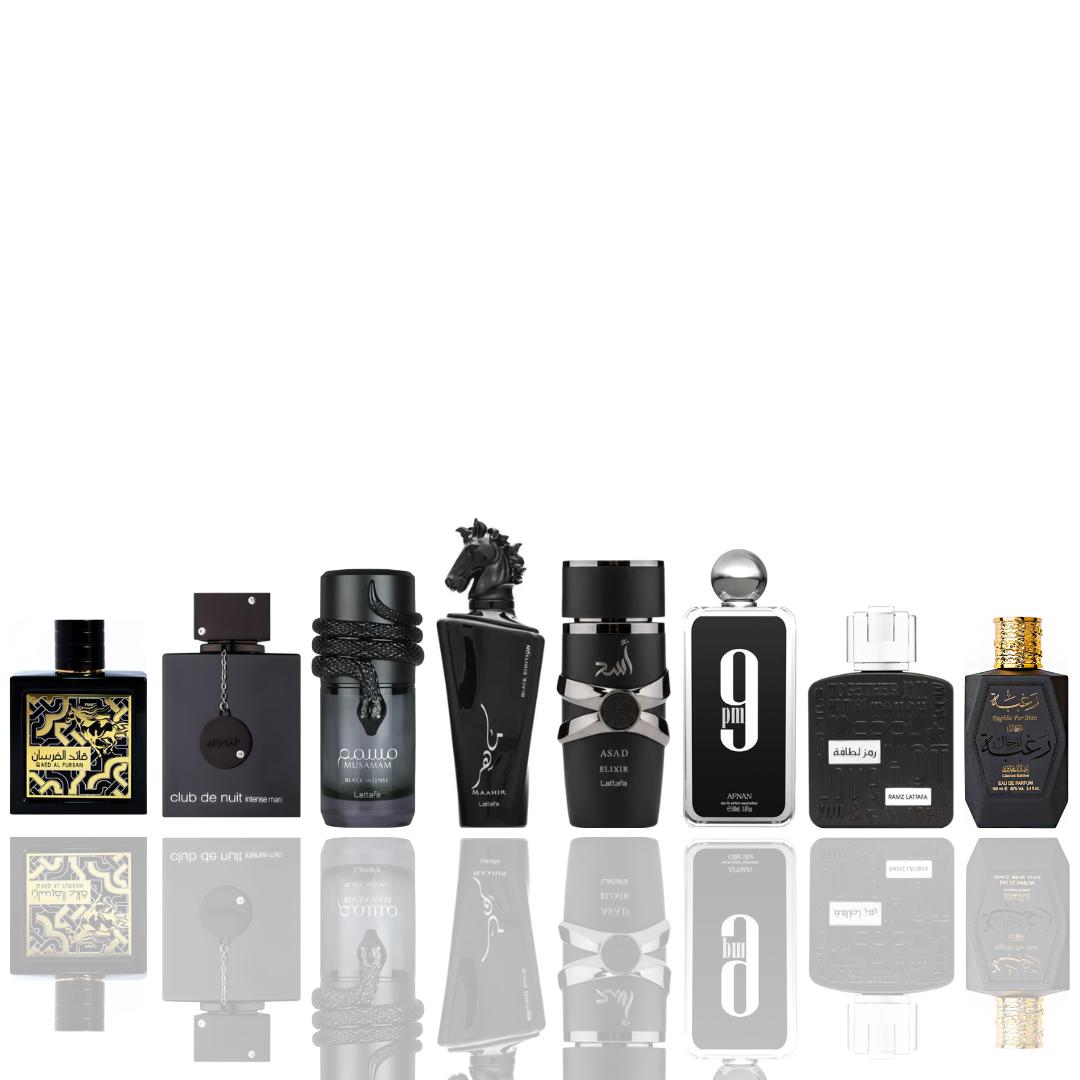 QAED AL FURSAN + CLUB DE NUIT INTENSE + Musamam Black Intense + Maahir Black + ASAD ELIXIR + 9 PM + RAMZ LATTAFA SILVER + RAGHBA FOR MEN -- 8 piece bundle