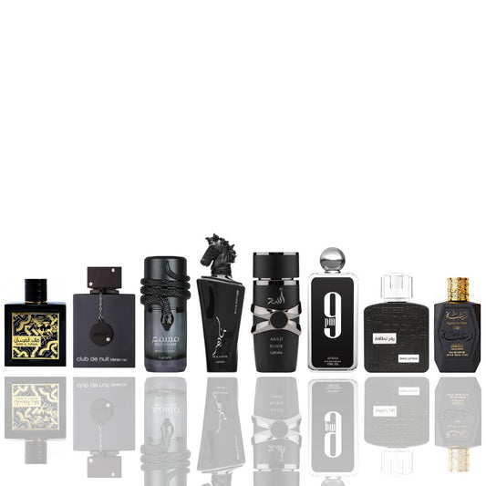 QAED AL FURSAN + CLUB DE NUIT INTENSE + Musamam Black Intense + Maahir Black + ASAD ELIXIR + 9 PM + RAMZ LATTAFA SILVER + RAGHBA FOR MEN -- 8 piece bundle