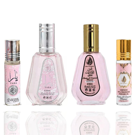 yara spray 50ml + yara roll-on + Pink Blush Shams Al Emarat 50ml  + Pink Blush Shams Al Emarat roll-on -- 4 piece bundle