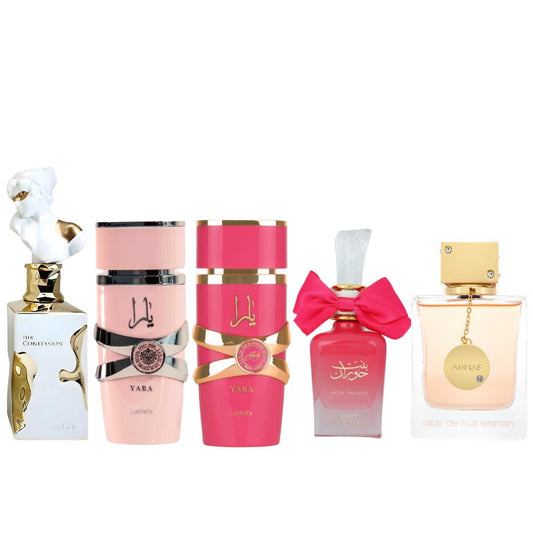 CLUB DE NUIT WOMEN + HER CONFESSION + YARA + YARA CANDY + BINT HOORAN ROSE PASSION - Fragrance Gift Bundle