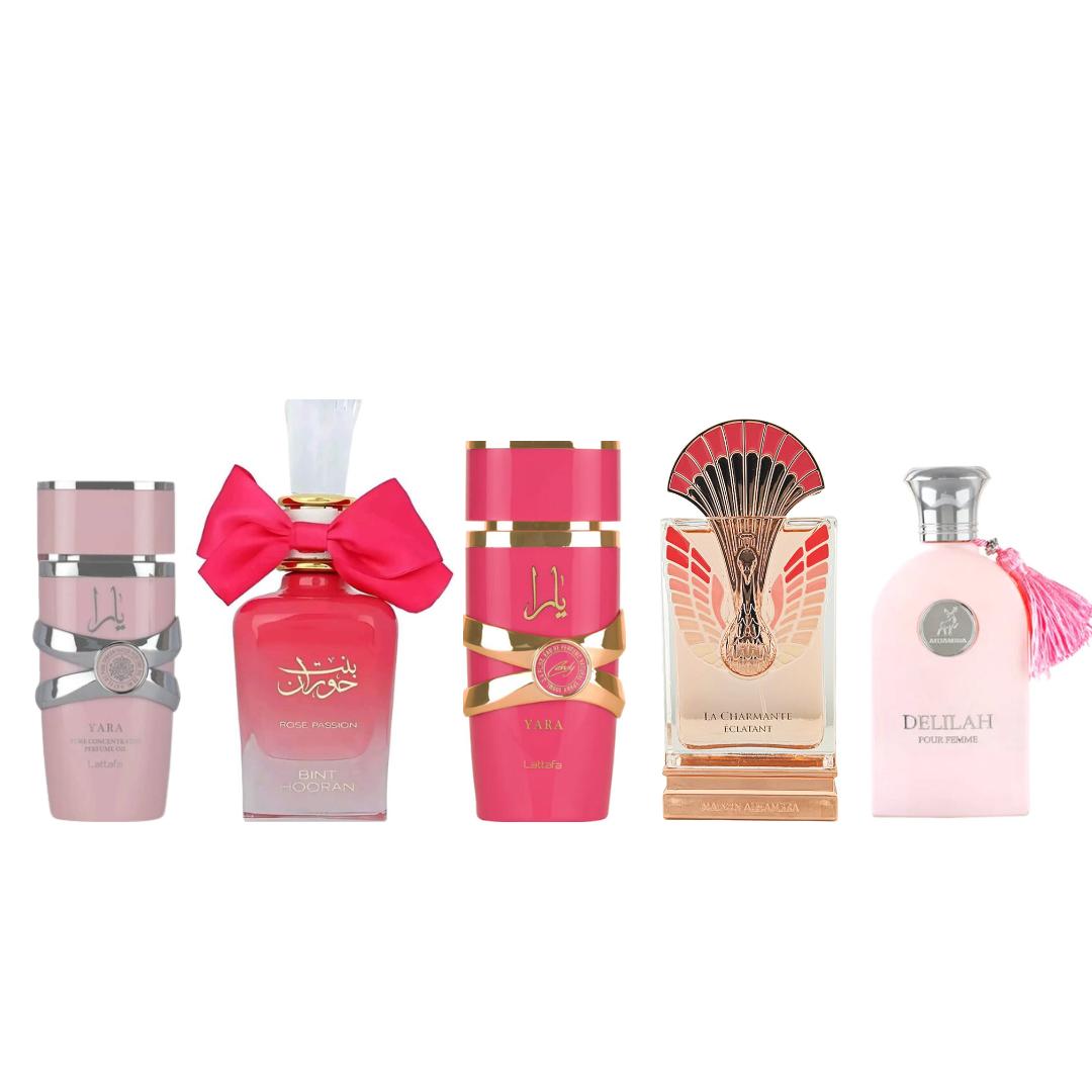 yara 20ML + La Charmante Eclatant + yara candy + bint hooran ross passion  + delilah pour femme -- 5 piece bundle