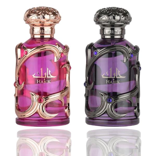 Lattafa His & Her Unisex Floral EDP Couple Duo Bundle - 2-Piece Adult Gift Set (Habik Women's Perfume, Men's Long-Lasting Fragrance) for Anniversaries, Daily Wear