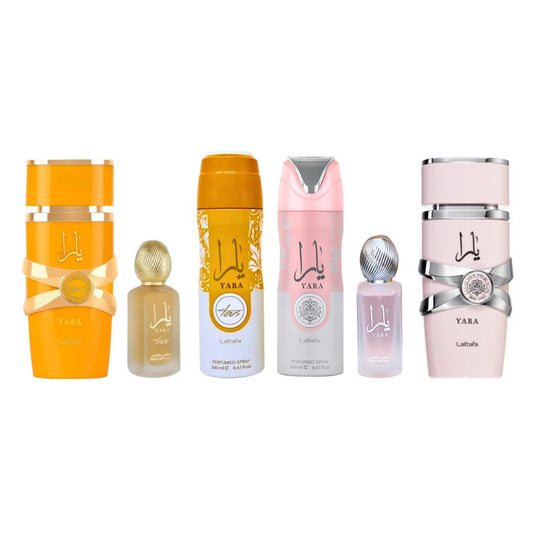 LATTAFA YARA + YARA TOUS  6 PCS BUNDLE SET WITH  2X 100ML EDP + 2X 200ML DEO + 2X 50ML HAIRMIST
