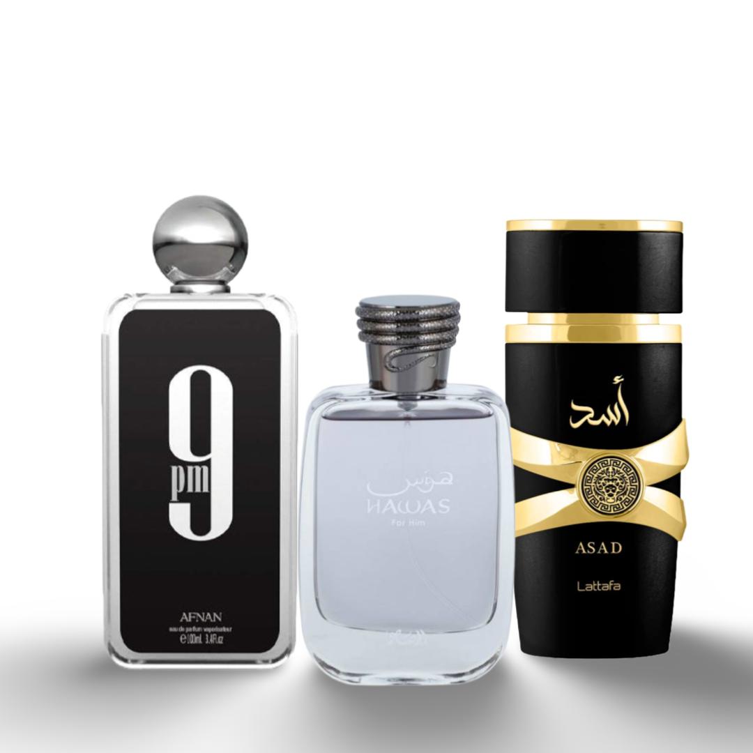 Rasasi Hawas + Lattafa Asad + 9PM By Afnan - Fragrance Gift Bundle ...